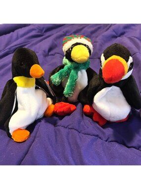 VTG Ty Beanie Baby Penguin Puffin Lot Waddle Toboggan Puffer Plush Stuffed Toy